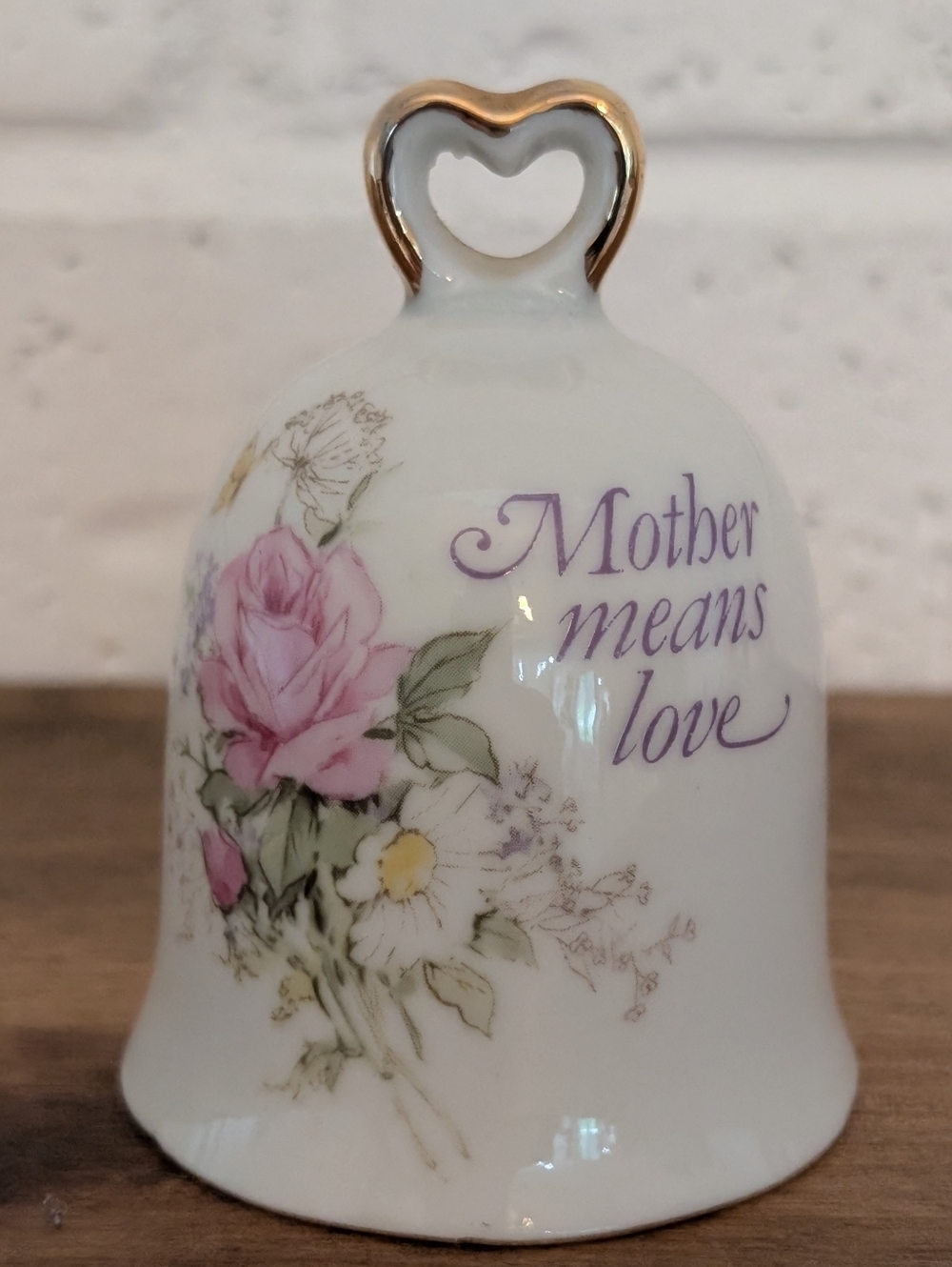Vintage Napco Porcelain 'Mother Means Love' Hand Bell with Gold Heart